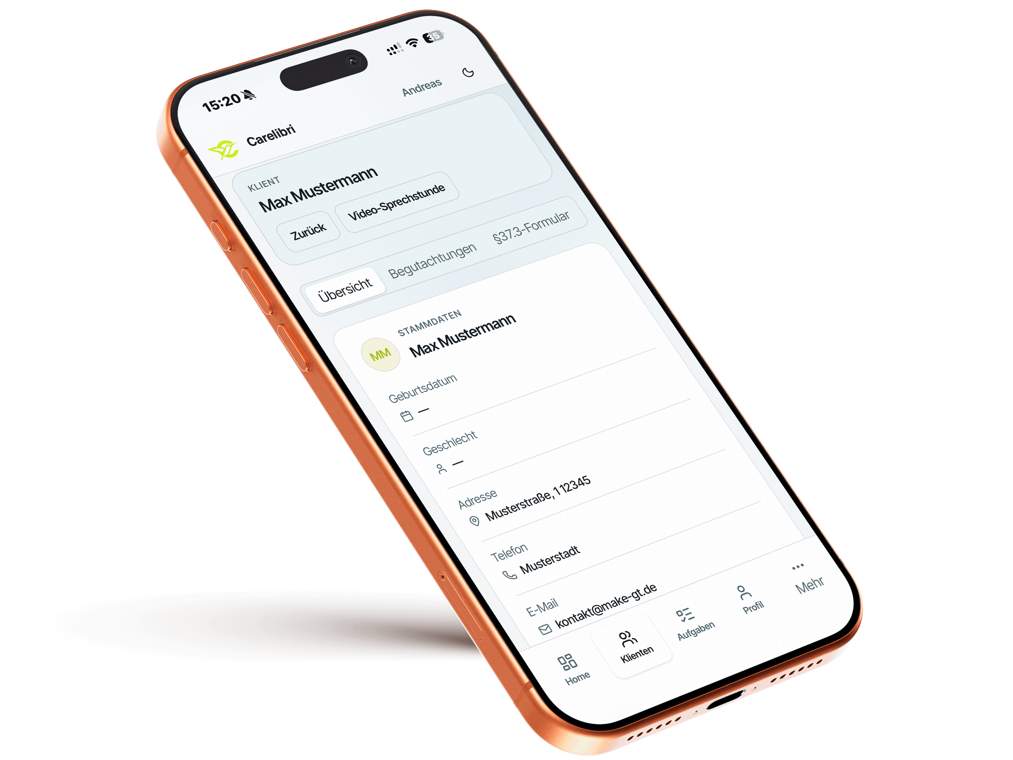 Carelibri Assessment auf dem iPhone: Klientenübersicht mit Stammdaten